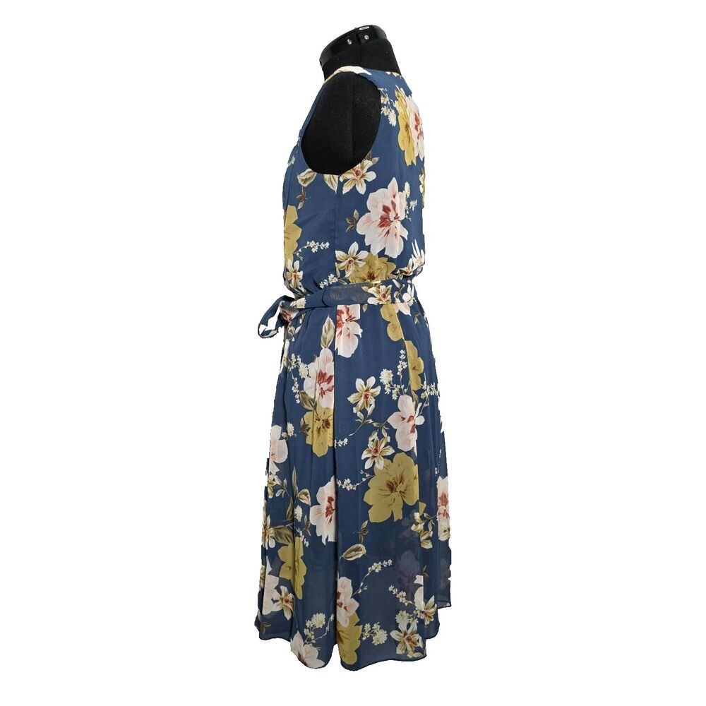 Enfocus Studio Womens 6 Blue Floral A‑Line Dress Sleeveless Belted Summer - Picture 2 of 16